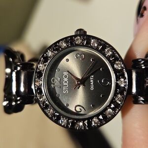 Studio Women's Black and Silver Watch with Crystal Details